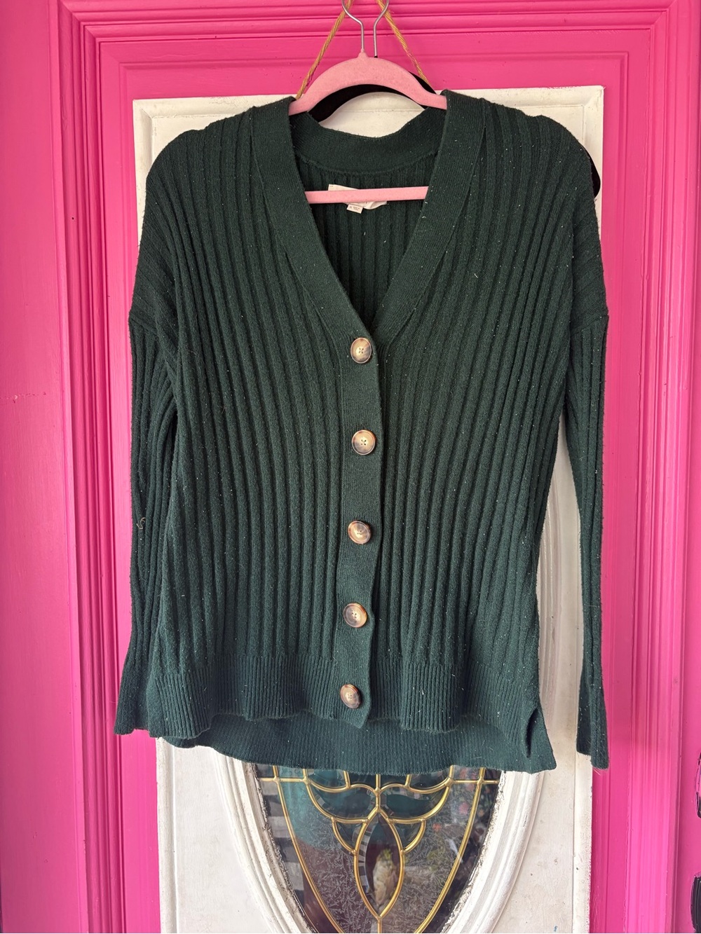 LOFT Dark Green Ribbed Button-Front Cardigan